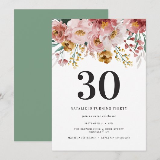 Girly waterverf floral 30th verjaardag roze blauw (Voorkant / Achterkant)