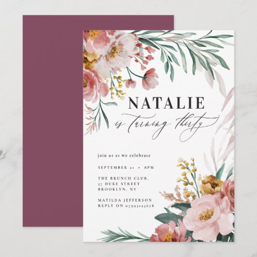 Girly waterverf floral 30th verjaardag roze blauw (Voorkant / Achterkant)