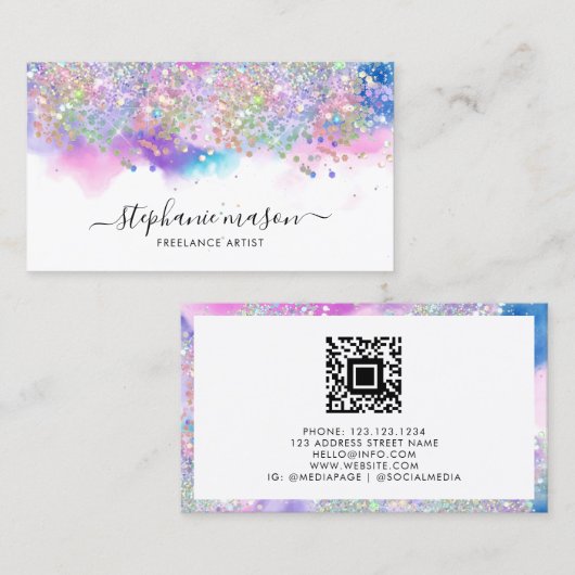 Girly Waterverf Holographic Glitter Artist Contactkaartje (Voorkant / Achterkant)