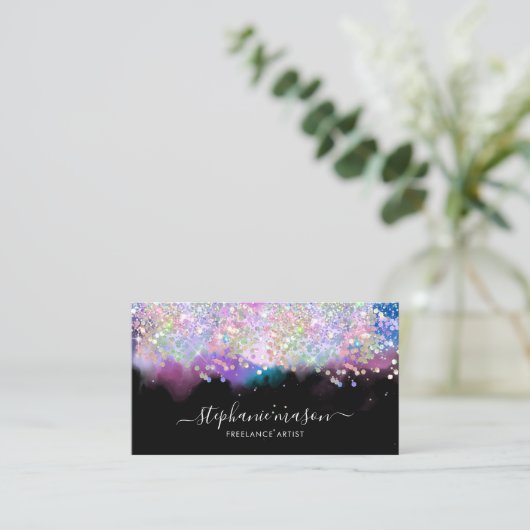Girly Waterverf Holographic Glitter Zwart Contactkaartje (Staand voorkant)