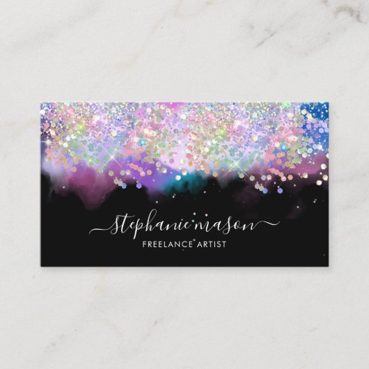 Girly Waterverf Holographic Glitter Zwart Contactkaartje (Voorkant)