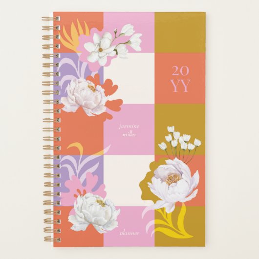 Girly Waterverf pioenroos bloemen Retro geruit Planner (Voorkant)