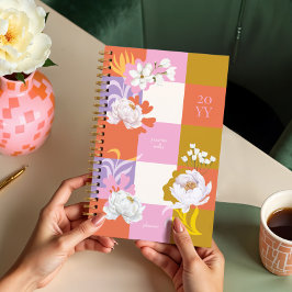 Girly Waterverf pioenroos bloemen Retro geruit Planner