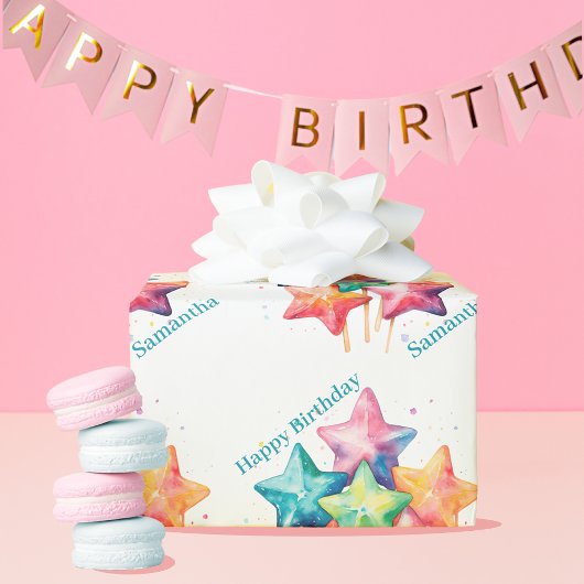 Girly Waterverf regenboogsterren Verjaardag Cadeaupapier