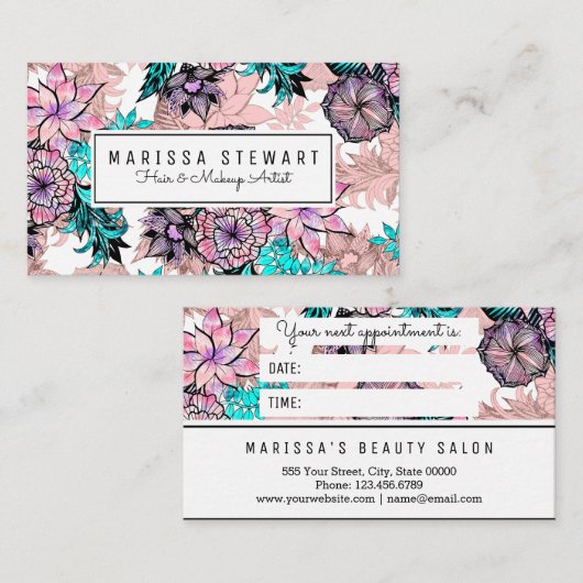 Girly Waterverf Roos Gold Floral Appointment Card Afsprakenkaartje (Voorkant / Achterkant)