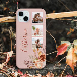 Girly Waterverf Rozen 3-foto & naam iPhone 15 Mini Hoesje<br><div class="desc">Personaliseer dit  ontwerp met jouw naam of monogram. Het beschikt over drie vierkante fotosjablonen,  een mooie cluster van waterverf stijlbloemen in warme aardekleuren en een bewerkbaar tekstveld. Achtergrondkleur is aanpasbaar.</div>