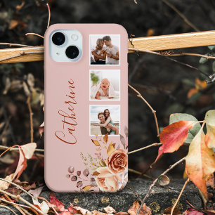 Girly Waterverf Rozen 3-foto & naam iPhone 15 Mini Hoesje