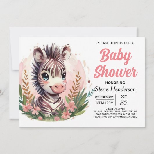 Girly Waterverf Safari Zebra Baby shower Kaart (Voorkant)