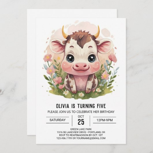 Girly Waterverf Schattigee Koe Verjaardag Kaart (Voorkant / Achterkant)
