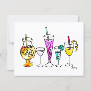 Girly Waterverf Summer Cocktails Retro Note-kaarte