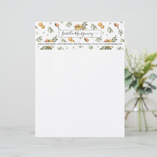 Girly Waterverf Tangerine Citrus Boho | Monogram Briefhoofd (Staand voorkant)