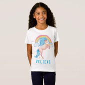 Girly Waterverf Unicorn Rainbow "Believe" T-shirt (Voorkant volledig)