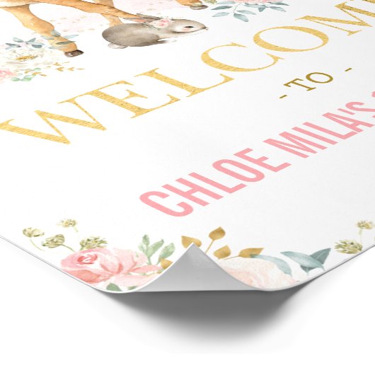Girly Waterverf Woodland Pink Floral 1e verjaardag Poster (Hoek)