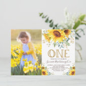 Girly Waterverf Zonnebloem 1e Verjaardag Foto Kaart (Staand voorkant)