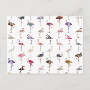 Girly Whimsical Retro Floral Flamingo's Patroon Briefkaart