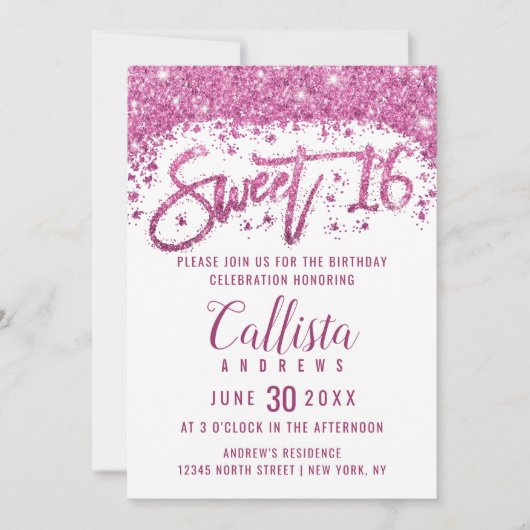 Girly White Bright Pink Glitter Dust Sweet 16 Kaart (Voorkant)
