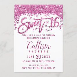 Girly White Bright Pink Glitter Dust Sweet 16 Kaart