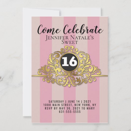 Girly White Faux Gold Foil Sweet 16 Invitation Kaart (Voorkant)