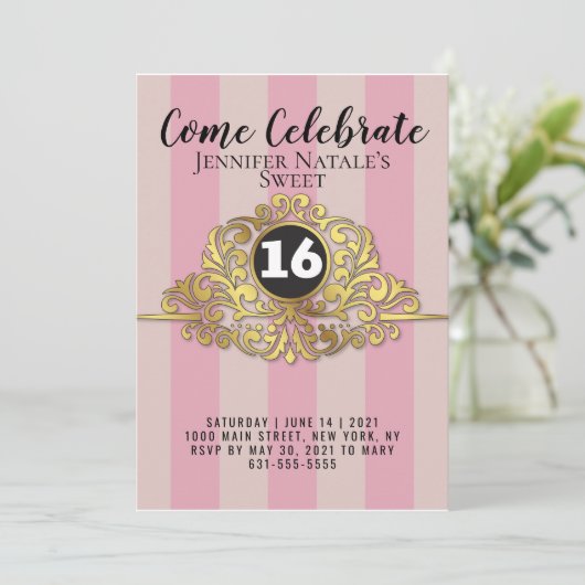Girly White Faux Gold Foil Sweet 16 Invitation Kaart (Staand voorkant)