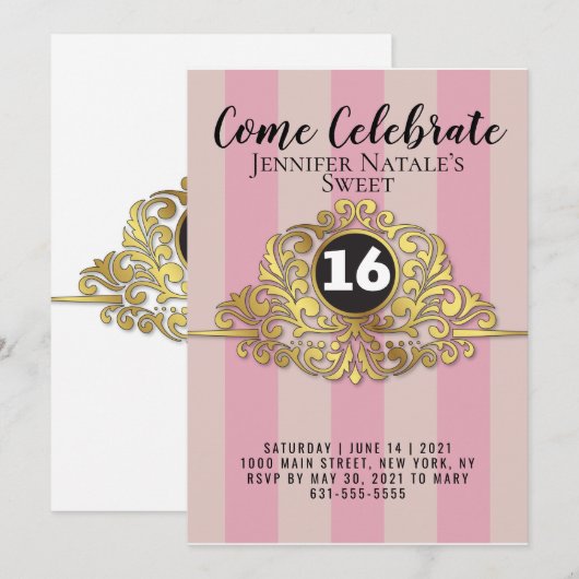 Girly White Faux Gold Foil Sweet 16 Invitation Kaart (Voorkant / Achterkant)