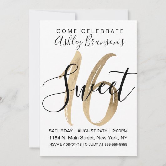 Girly White Faux Gold Foil Sweet 16 Kaart (Voorkant)
