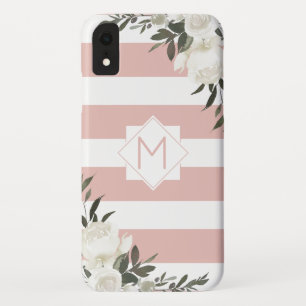 Girly White Floral Roze Gestreept Ingelijst Monogr Case-Mate iPhone Case