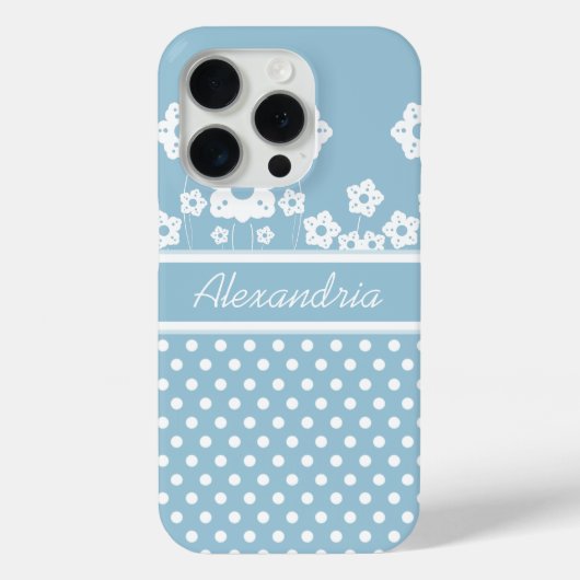 Girly White Flowers and Polka Dots on Light Blue Case-Mate iPhone Case (Achterkant)