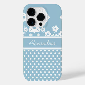 Girly White Flowers and Polka Dots on Light Blue Case-Mate iPhone Case