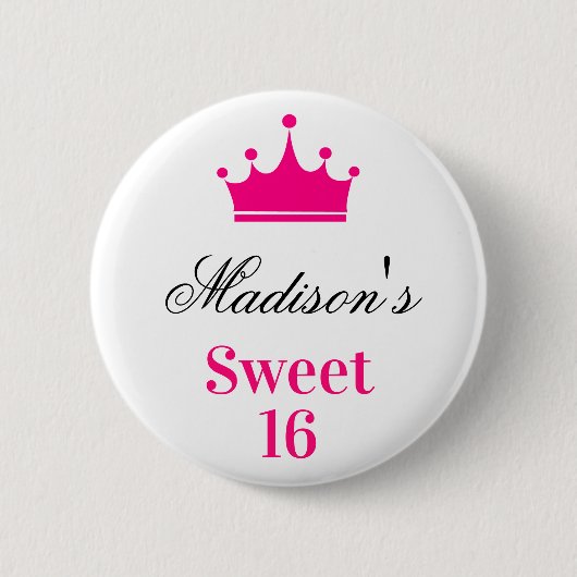 Girly White Hot Pink Sweet 16 Princess Crown Name Ronde Button 5,7 Cm (Voorkant)