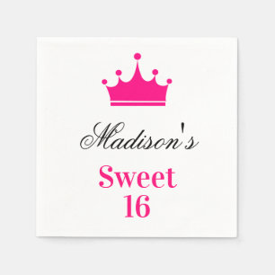Girly White Hot Pink Sweet 16 Princess Crown Name Servet