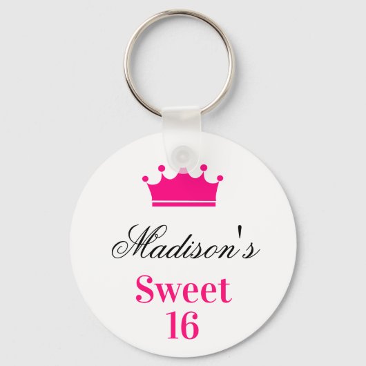 Girly White Hot Pink Sweet 16 Princess Crown Name Sleutelhanger (Voorkant)