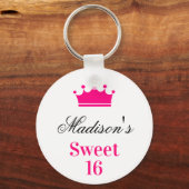 Girly White Hot Pink Sweet 16 Princess Crown Name Sleutelhanger (Voorkant)