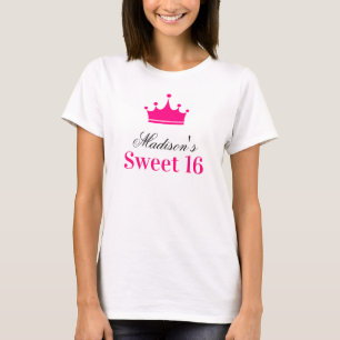 Girly White Hot Pink Sweet 16 Princess Crown Name T-shirt