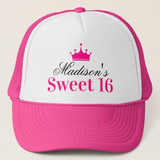 Girly White Hot Pink Sweet 16 Princess Crown Name Trucker Pet (Voorkant)