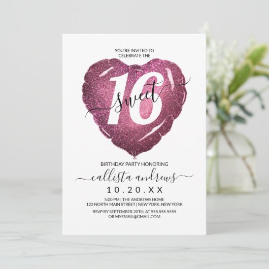 Girly White Pink Glitter Heart Ballon Sweet 16 Kaart (Staand voorkant)