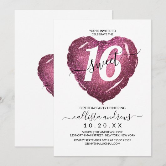 Girly White Pink Glitter Heart Ballon Sweet 16 Kaart (Voorkant / Achterkant)