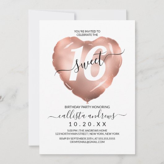 Girly White Rose Gold Foil Heart Ballon Sweet 16 Kaart (Voorkant)