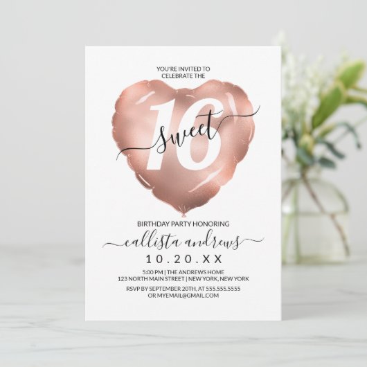Girly White Rose Gold Foil Heart Ballon Sweet 16 Kaart (Staand voorkant)