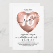 Girly White Rose Gold Foil Heart Ballon Sweet 16 Kaart (Voorkant / Achterkant)