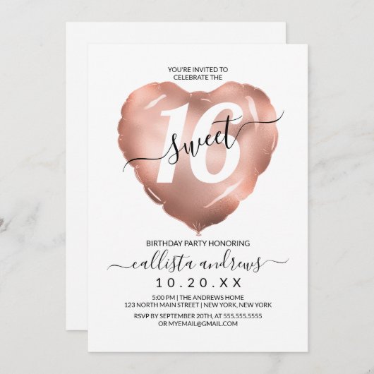 Girly White Rose Gold Foil Heart Ballon Sweet 16 Kaart (Voorkant / Achterkant)