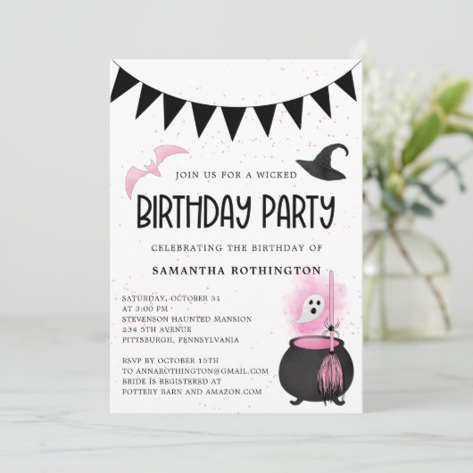 Girly Wicked verjaardagsfeestje uitnodiging (Staand voorkant)