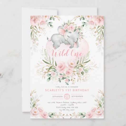 Girly Wild One Elephant Blush Floral 1e verjaardag Kaart (Voorkant)