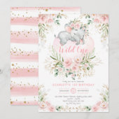 Girly Wild One Elephant Blush Floral 1e verjaardag Kaart (Voorkant / Achterkant)