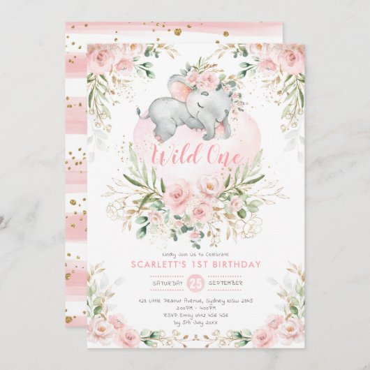 Girly Wild One Elephant Blush Floral 1e verjaardag Kaart (Voorkant / Achterkant)