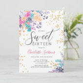 Girly wilde bloemen bloemengoud script lief 16 kaart (Staand voorkant)