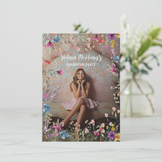 Girly Wildflower Pastel Afstudeerfeest Kaart (Staand voorkant)