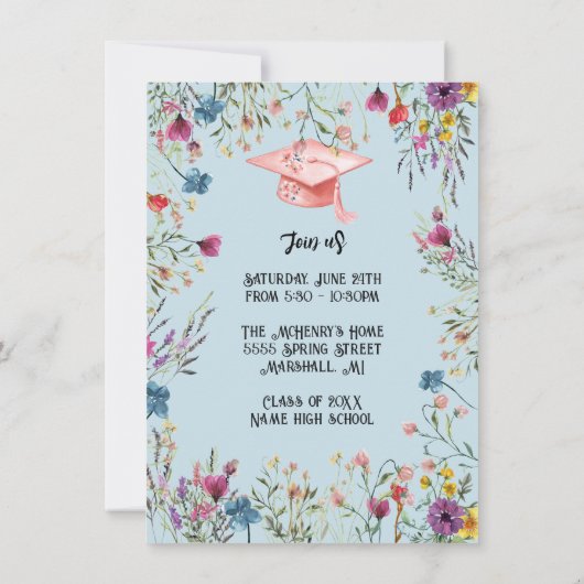 Girly Wildflower Pastel Afstudeerfeest Kaart (Achterkant)