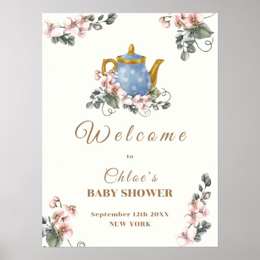  Girly Wildflower Tea Baby shower Welkom Poster (Voorkant)