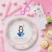 Girly Winter Cute Penguin Pink Birthday Papieren Bordje (Feest)