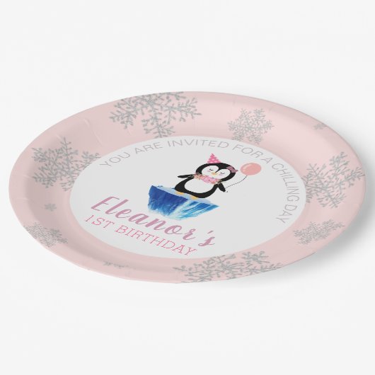 Girly Winter Cute Penguin Pink Birthday Papieren Bordje (Gekanteld)